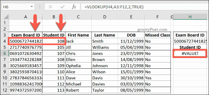 ترجع صيغة VLOOKUP خطأ VALUE في Excel
