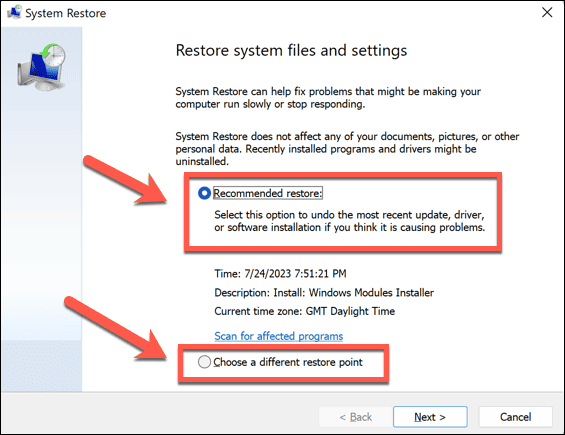 خيارات استعادة Windows 11