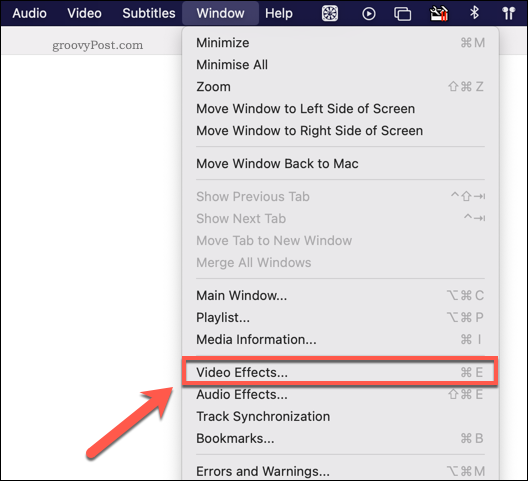 الوصول إلى قائمة تأثيرات فيديو VLC على نظام Mac