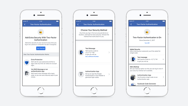 قام Facebook بتبسيط تدفق الإعداد الذي يمكّن المستخدمين من إنشاء ترخيص ثنائي العامل وألغى الحاجة إلى تسجيل رقم هاتف لتأمين حساب.