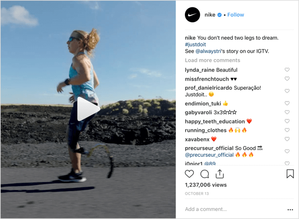 منشور Nike Instagram الذي يروج لـ IGTV
