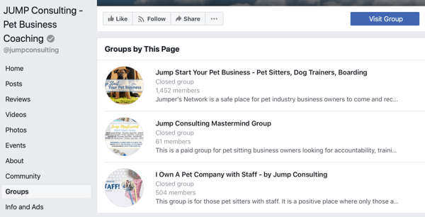 كيفية استخدام ميزات مجموعات Facebook ، مثال للمجموعات على صفحة Facebook ، JUMP Consulting