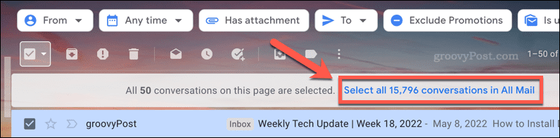 تحديد جميع رسائل البريد الإلكتروني في مجلد في Gmail