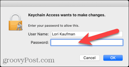 أدخل اسم المستخدم وكلمة المرور للوصول إلى Keychain