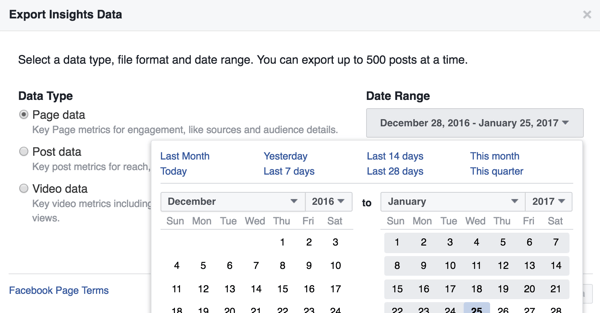يمكنك تغيير النطاق الزمني لبيانات Facebook Insights التي تقوم بتنزيلها.