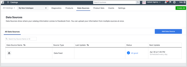 علامة التبويب "مصادر بيانات Facebook Catalog Manager"