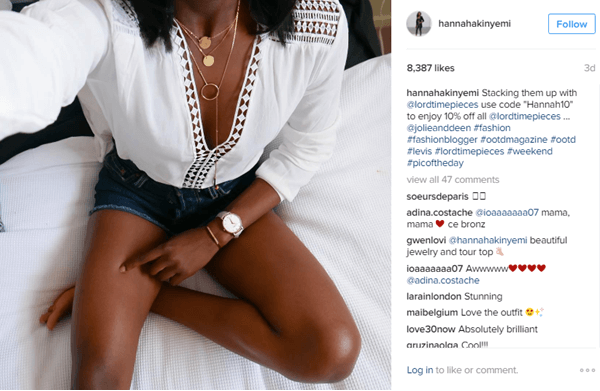 تتميز عارضة الأزياء هانا أكينيمي بساعة من Lord Timepieces جنبًا إلى جنب مع رمز الخصم على Instagram.