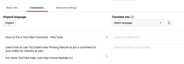 في علامة التبويب الترجمات لفيديو YouTube الخاص بك ، أدخل عنوانًا ووصفًا مترجمين.