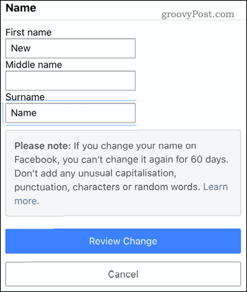 تحرير اسم في تطبيق Facebook للجوال