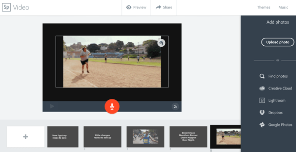 في Adobe Spark ، يمكنك تحديد قالب وتخصيصه بالنص والصور ومقاطع الفيديو.