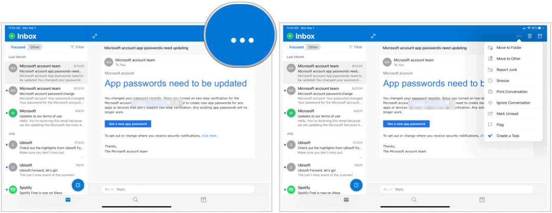 إجراءات Microsoft Outlook for iPad السريعة