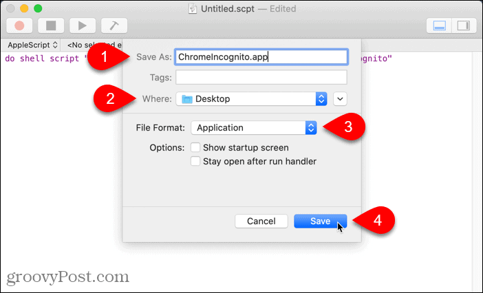 حفظ البرنامج النصي كتطبيق على Mac