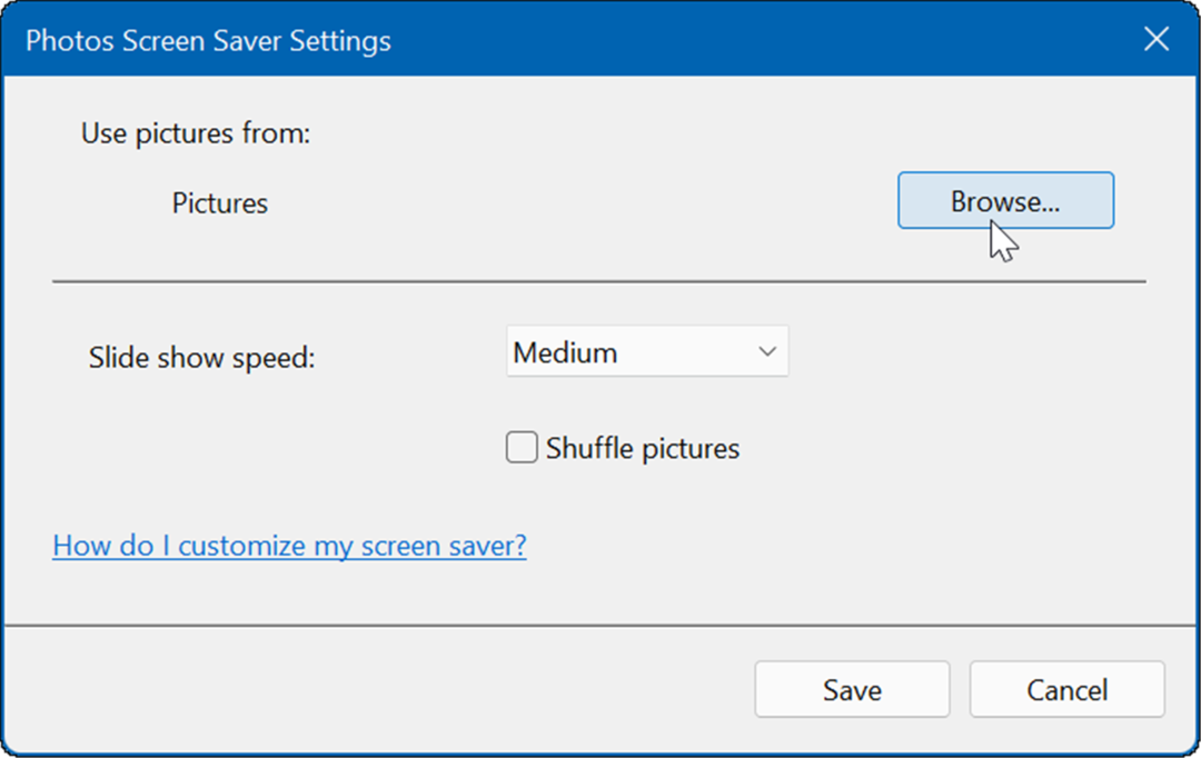 تصفح تعيين الصورة كشاشة توقف لنظام التشغيل Windows