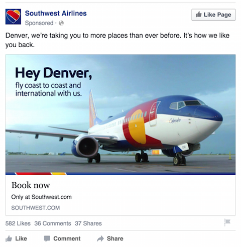 جنوب غرب شركات الطيران الفيسبوك الإعلانية