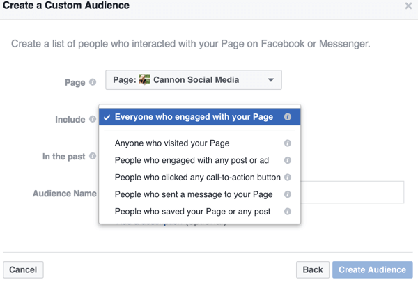 أثناء تضييق نطاق الخيارات المتاحة لجمهورك المخصص على Facebook ، تجد طرقًا محددة لتحديد الجمهور الذي تريد استهدافه ، مثل هذه التفاعلات الخاصة بالصفحة.