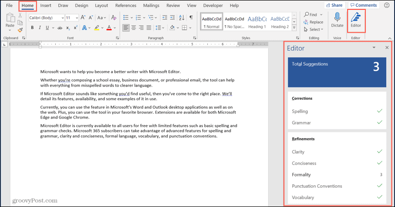 زر Microsoft Editor والشريط الجانبي في Word لسطح المكتب