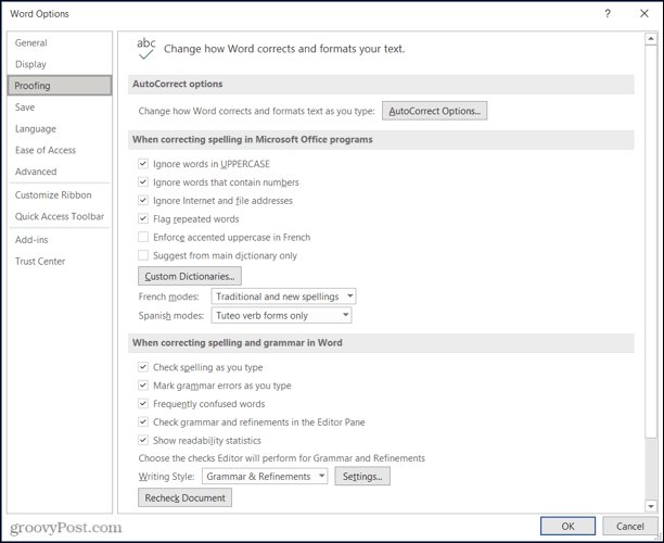 إعدادات تدقيق الكلمات لمحرر Microsoft