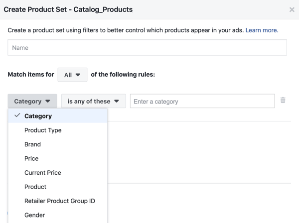 استخدم أداة إعداد حدث Facebook ، الخطوة 28 ، خيار قائمة Facebook لتطبيق عوامل التصفية التي تظهر على المنتجات للعملاء