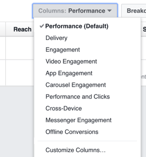انقر فوق القائمة المنسدلة "الأعمدة" للحصول على خيارات لتغيير الأعمدة التي تراها في Facebook Ads Manager.
