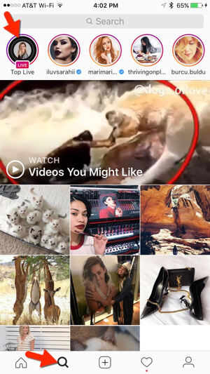 يتميز Instagram أيضًا بمقاطع الفيديو الحية الحالية في علامة التبويب Explore.