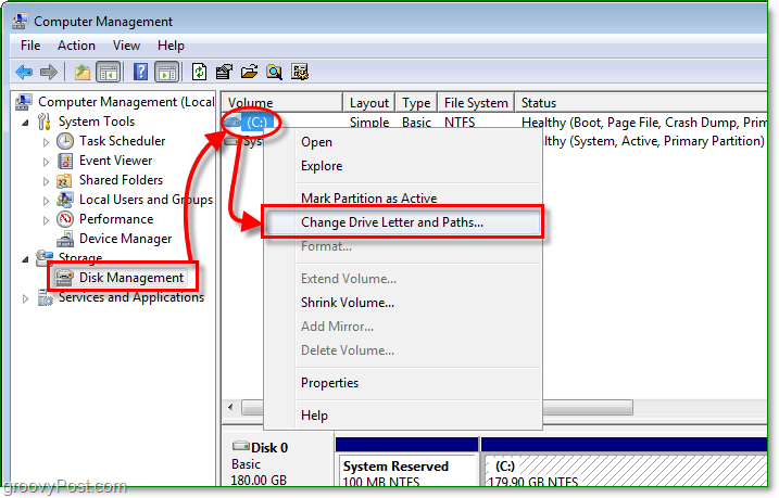 استخدم ميزة إدارة القرص للدخول في مربع حوار تغيير حرف محرك الأقراص في Windows 7