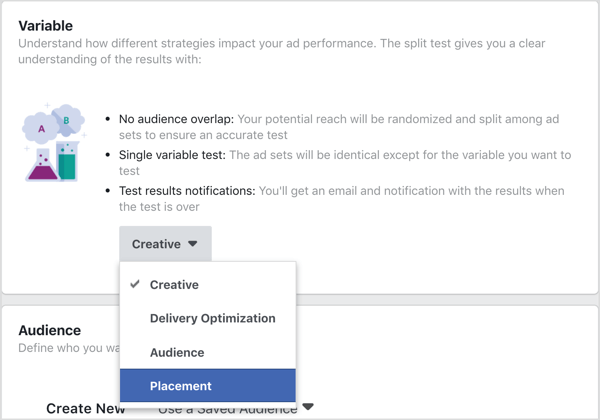 حدد التنسيب كمتغير للاختبار باستخدام اختبار تقسيم Facebook