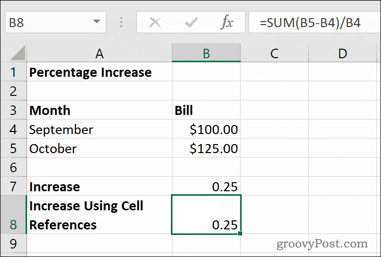 مثال على زيادة النسبة المئوية في Microsoft Excel