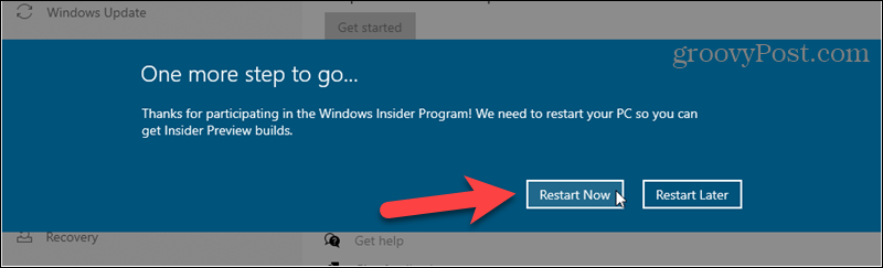 أعد التشغيل لإنهاء التسجيل في إصدارات Windows Insider