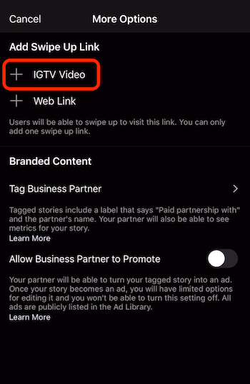 خيار لإضافة رابط التمرير السريع إلى فيديو IGTV