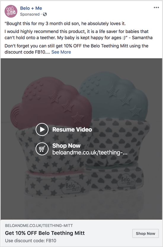يستخدم إعلان Facebook هذا فيديو عرض شرائح للترويج لخصم على منتج معين.