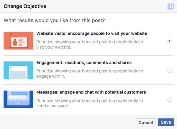 تستند الخيارات الموضوعية للمنشورات المعززة إلى الوسائط المستخدمة في منشور Facebook الخاص بك.