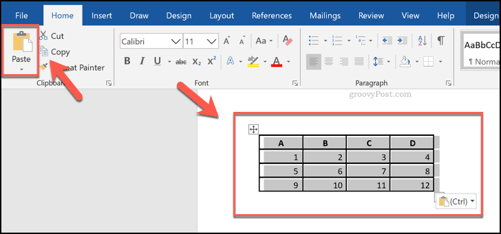 تم لصق الخلايا من جدول بيانات Excel ، وتظهر كجدول في Word