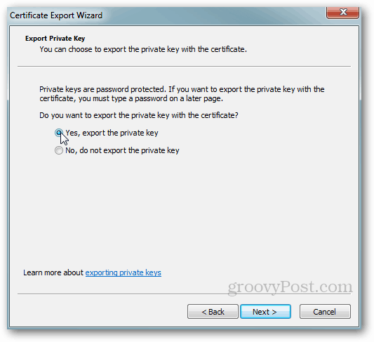 تصدير شهادة Windows - مفتاح خاص نعم