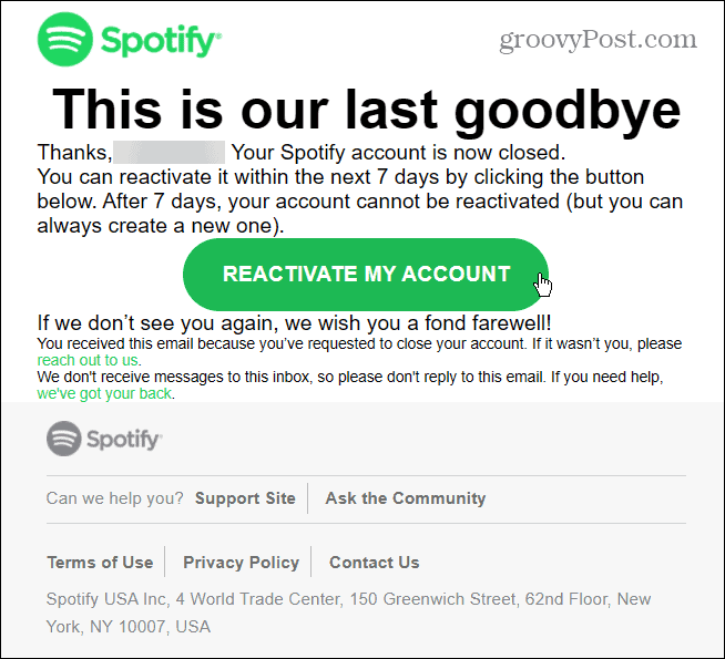 البريد الإلكتروني لإعادة تنشيط Spotify