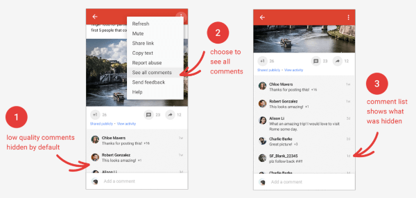 يوفر Google+ خيارًا لإخفاء التعليقات الأقل جودة على المشاركات ، بحيث يمكنك التركيز على التعليقات الأكثر أهمية.