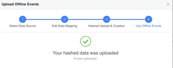 إذا تم تحميل بياناتك المجزأة بنجاح ، فانقر فوق تم لعرض بيانات التحويل دون اتصال بالإنترنت في Facebook.