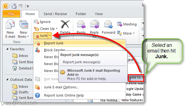 أداة الإبلاغ عن البريد الإلكتروني غير الهام في برنامج Outlook 2010