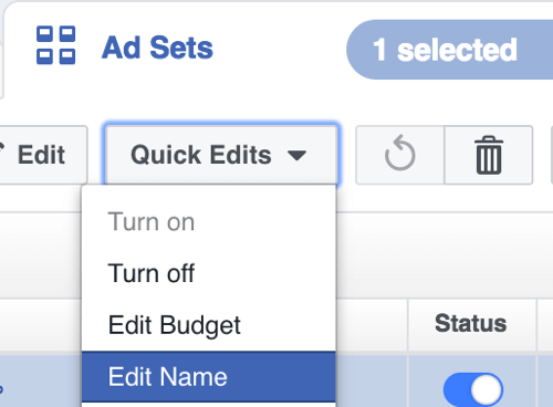 في Facebook Power Editor ، حدد تحرير الاسم من القائمة المنسدلة Quick Edits.
