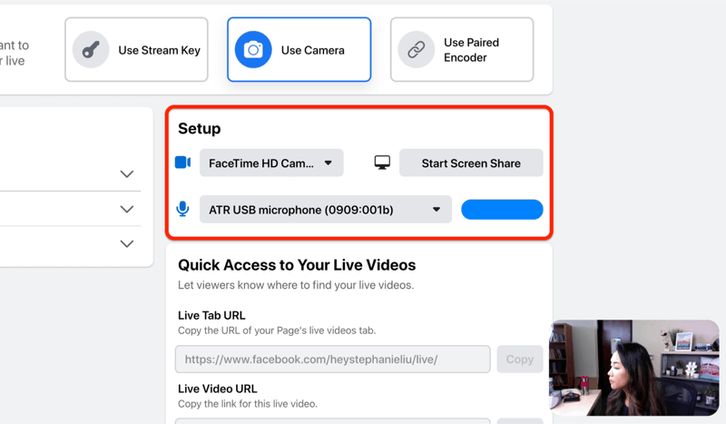 خيار إعداد البث المباشر من facebook لتحديد الكاميرا والميكروفون و / أو مشاركة الشاشة