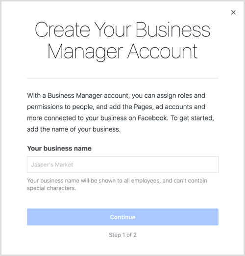 أدخل اسم عملك لإنشاء حساب Business Manager الخاص بك.