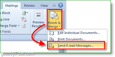 لقطة شاشة Outlook 2010 - إنهاء ودمج وإرسال رسائل البريد الإلكتروني