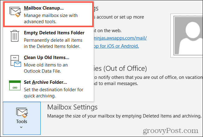 أدوات ، تنظيف علبة البريد في Outlook