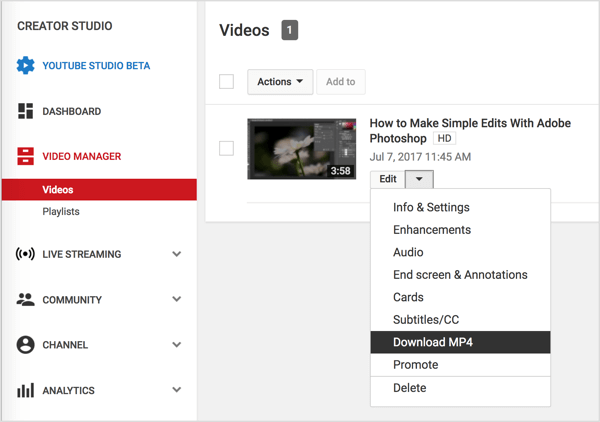 انتقل إلى الفيديو الخاص بك في مدير الفيديو ، وانقر فوق الزر تحرير بجوار مقطع فيديو YouTube الخاص بك ، وحدد تنزيل MP4.