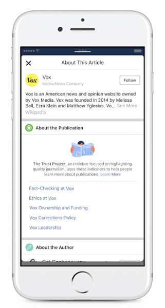 سيبدأ Facebook في عرض مؤشرات ثقة الناشر الجديدة للمقالات التي تمت مشاركتها في موجز الأخبار.